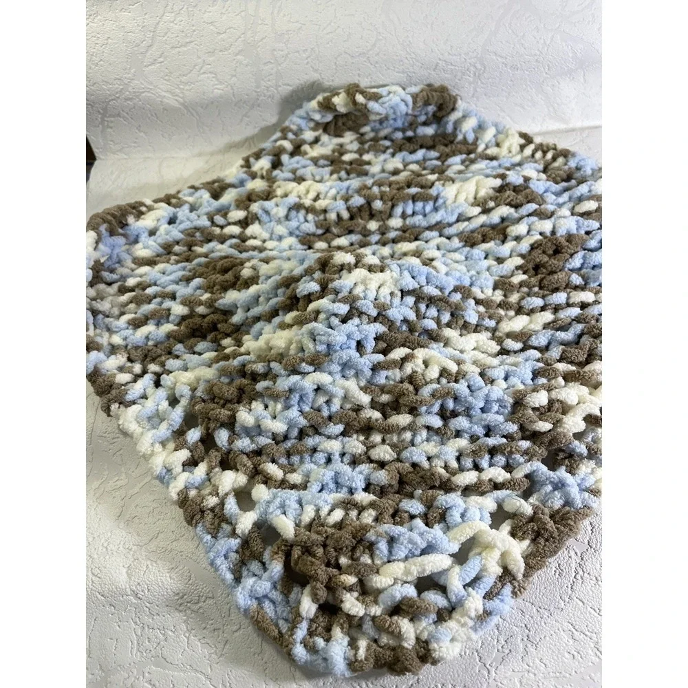 Baby Lovey Chenille Crocteched Blanket 15 X 15 Super Soft Brown Blue Monkey